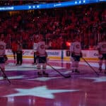 nhl team montreal canadiens standing during the singing of the national anthem