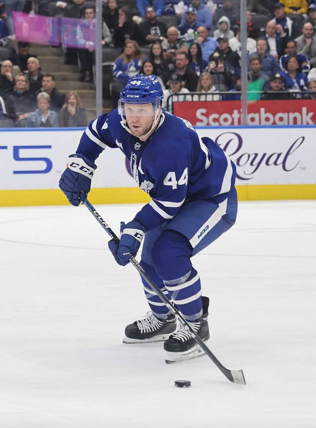 Defensemen Morgan Rielly handling the puck during an NHL game