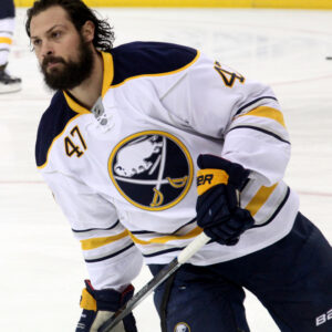 Zach Bogosian skating with no helmet during an NHL pre-game warmup