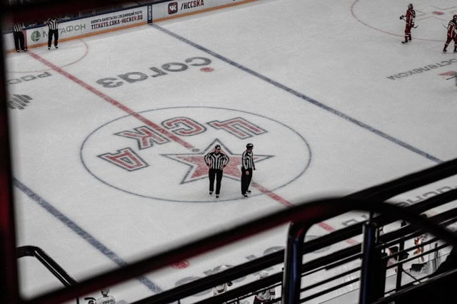 A pair of linesmen standing in the middle of the ice during a hockey game.